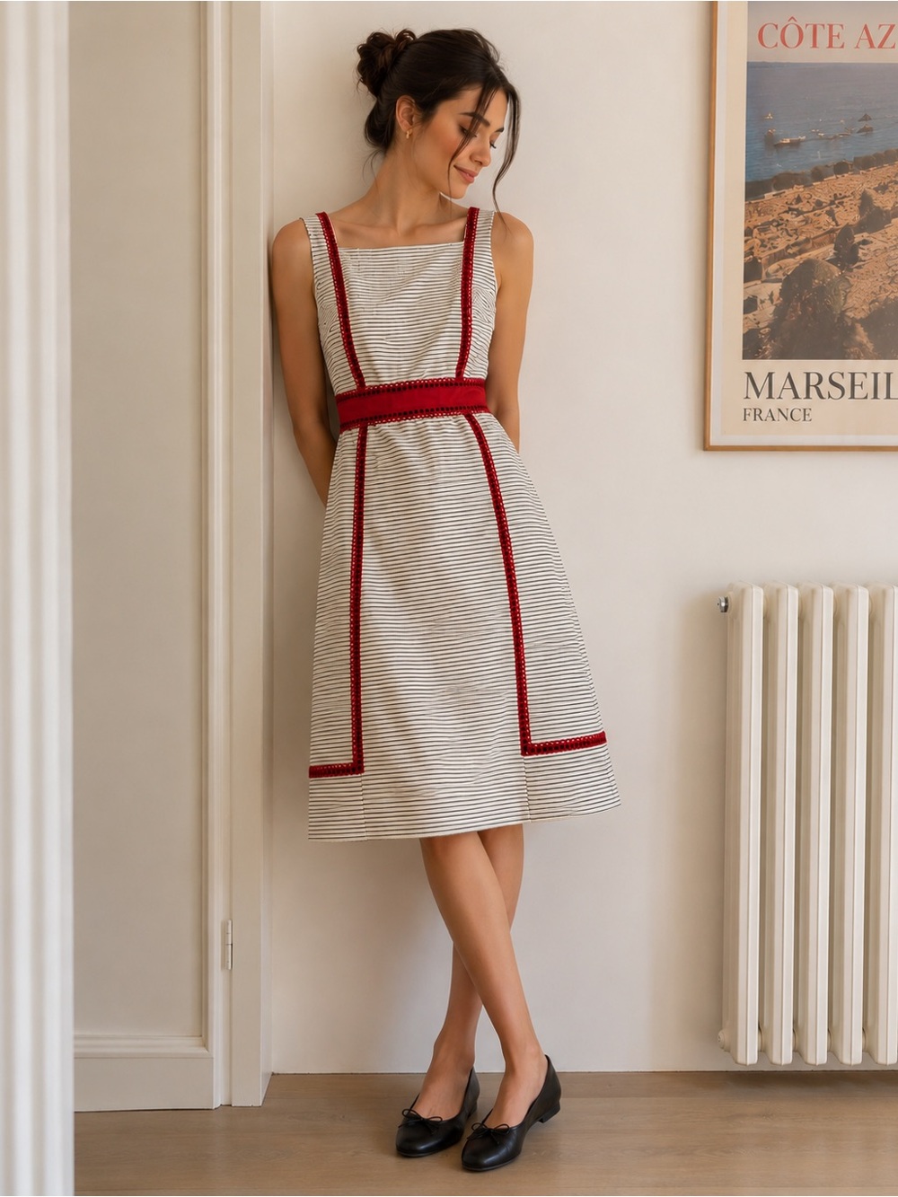 Vintage Rare 60s 70s Black White Red Striped A line dress XS